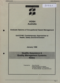 Book, Zoran Dimovski, VIOSH:  Australia Graduate Diploma of Occupational Hazard Management: Unit EV481 Contemporary Approaches to Health, Safety and Environment, 1998, 01/1998