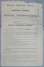 Examination, Education Department Victoria Technical Schools Examination Rules, c1880s ?
