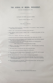 Document, The School of Mines, Ballarat January Examinations for Captains of Shift - Alluvial Mines, 1874, 10/1873