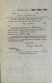 Registration Form, Tulloch & King, Ballarat Junior Technical School Registration Form, 1915
