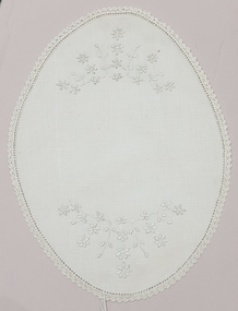 Domestic object - Doily, Linen Doily with Embroidery, and crocheted edging, c1940