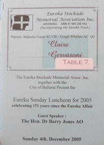 Document - Programme, Eureka Sunday Luncheon Programme, 2005
