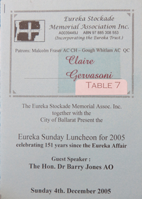 Document - Programme, Eureka Sunday Luncheon Programme, 2005, 2005