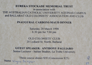 Ephemera - Ticket, Eureka Stockade Memorial Trust John Basson Humffray Luncheon, 1998, 16/07/2000