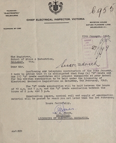 Correspondence, Letter from Chief Electrical Inspector to School of Mines Ballarat, 25th January 1949