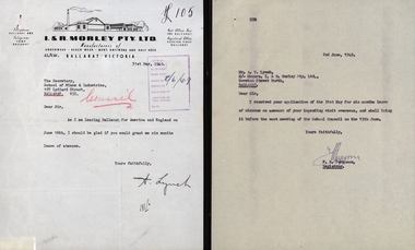 Correspondence, 1 Letter from A.W. Lynch requesting a Leave of Absence. .2 Reply to A.W. Lynch from F.E. Ferguson, 31st May 1949