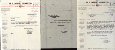 Correspondence, N.A. Crouch Accountant M.B. John Ltd. et al, 1 Letter from N.A. Crouch Accountant at M.B. Ltd to School of Mines Ballarat. .2 A letter from R. Clelland  to Ballarat School of Mines, 1 2nd September 1949 and .2 7th November 1949