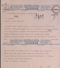 Telegram, Telegram sent to R.W. Richards at Ballarat School of Mines, April 1949