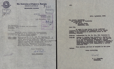 Correspondence, 1 Letter from The Institute of Engineers, Australia .2 Reply to Letter from The Institute of Engineers, Australia, 1 14th September 1949, .2 19th September 1949