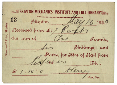 Image, Skipton Mechanics' Institute and Free Library Receipt, c1933, 16/05/1933