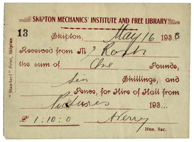 Document - Image, Skipton Mechanics' Institute and Free Library Receipt, c1933, 16/05/1933