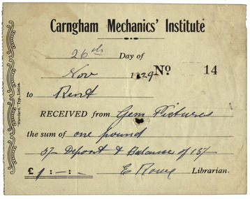 Image, Carngham Mechanics' Institute Receipt, 1929, 26/11/1929