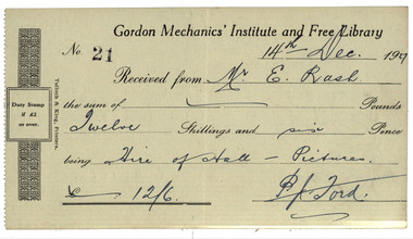 Image, Gordon Mechanics' Institute Receipt, 1927, 14/12/1927