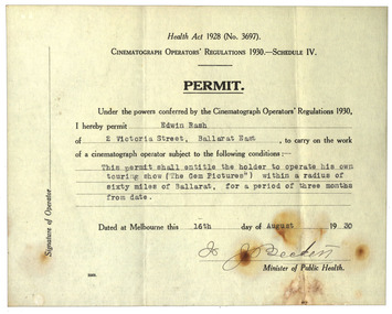 Image, Cinematograph Operator's Permit, 1930, 16/08/1930
