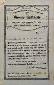 Image, Australasian Perform Right Association Licence Certificate for 'Touring Show, Creswick', 26/08/1929