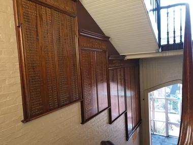 Photograph - Photograph - Colour, Ballarat School of Mines Associate Boards Along the Stone Staircase in the Administration Building, 2019, 04/11/2019
