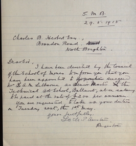 Document - correspondence, Letter to Charles B. Herbertson from L. Austin, 1915