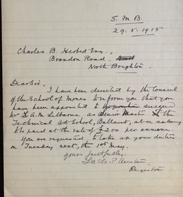Document - correspondence, Letter to Charles B. Herbertson from L. Austin, 1915