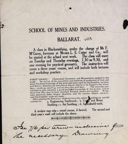 Document, Flyer for a Class in Blacksmithing at School of Mines and Industries, Ballarat