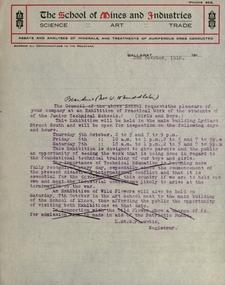 Document - correspondence, Draft letter of invitation to exhibition of Junior Technical School Work from Registrar L.St.G.P Austin, 02/10/1916