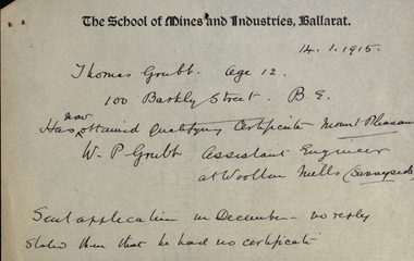 Document - correspondence, Note regarding Thomas Grubb obtaining a Qualifying Certificate, 14/01/1915