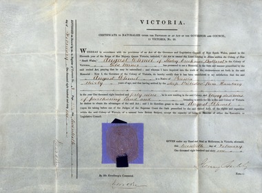 Certificate - Document, Certificate to Naturalize under the Provisions of an Act of the Governor and Council, Victoria, 20 February 1861