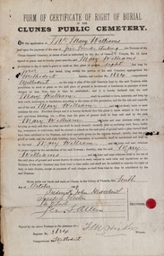 Certificate, Form of Certificate of Right of Burial in the Clunes Public Cemetery: Mrs Mary Williams, 1899, 10/10/1899