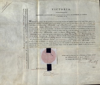 Document, Certificate to Naturalize under the Provisions of an Act of the Governor and Council, Victoria, 13 June 1860