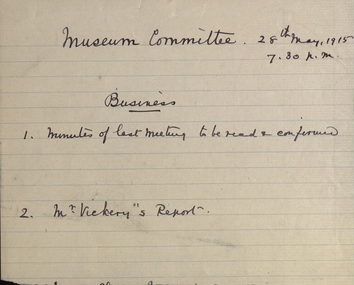Document, Half page of agenda for meeting of Museum Committee, 28/05/1915
