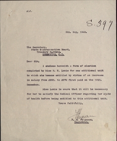 Document - correspondence, 2 Letters regarding Miss R.H. Lonie to and from the superannuation board, 1 5/5/1948, .2 11/05/1948