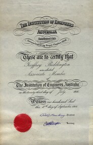 Document, The Institution of Engineers Australia, Institute of Engineers Australia Certificate for Geoffrey Biddington, 1956