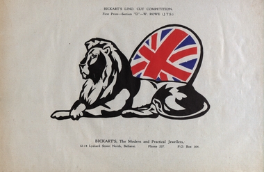 Work on paper - Artwork - Print, W. Rowe, Bickart's Lino Cut Competition First Prize Winner Artwork by W. Rowe, 1940