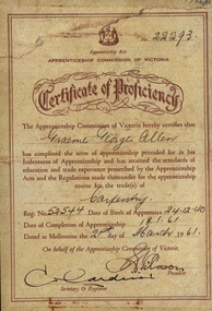 Certificate, Certificate of Proficiency in Carpentry, 21/03/1961