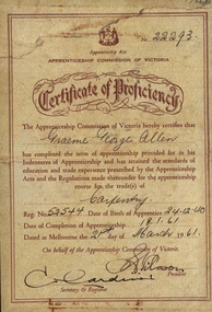 Certificate, Certificate of Proficiency in Carpentry, 21/03/1961
