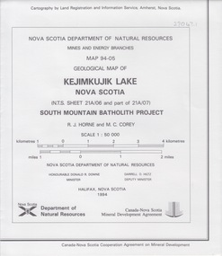 Map - Geological, Nova Scotia Department of Natural Resources, Kejimkujik Lake, Nova Scotia: Geological Map 94-05, 1994