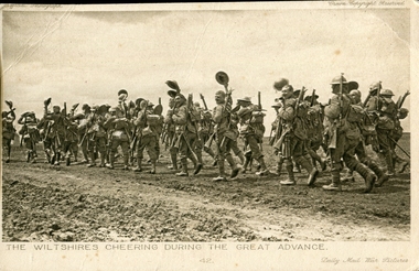 Postcard, The Wiltshire's Cheering During the Great Advance, c1916