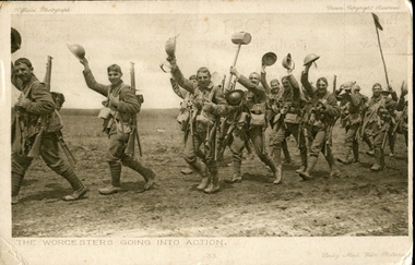 Postcard, The Worcesters Going Into Action, c1916