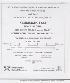 Map - Geological, Kejimkujik Lake, Nova Scotia: Glacial and Till Clast Geology: Map 94-12, 1994