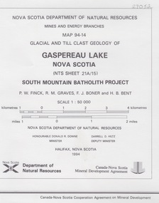 Map - Geological, Gaspereau Lake, Nova Scotia: Glacial and Till Clast Geology: Map 94-14, 1994