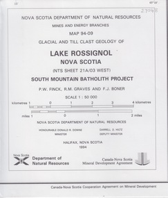 Map - Geological, Lake Rossignol, Nova Scotia: Glacial and Till Clast Map 94-09: Souh Mountain Batholith Project