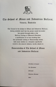 Certificate, Ballarat School of Mines Associateship Certificate Blanks, c 1982
