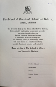 Certificate, Ballarat School of Mines Associateship Certificate Blanks, c 1982