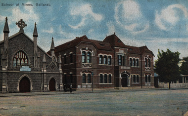 Colour postcard showing two buildings in the Ballarat School of Mines