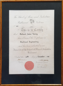 Certificate, Richard J. Young's Ballarat School of Mines Associateship Certificate, 10/12/1926