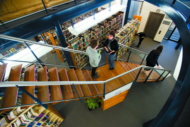 Students on a staircase at the Gippsland Campus Library