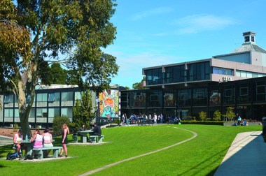 Students outside on a university campus