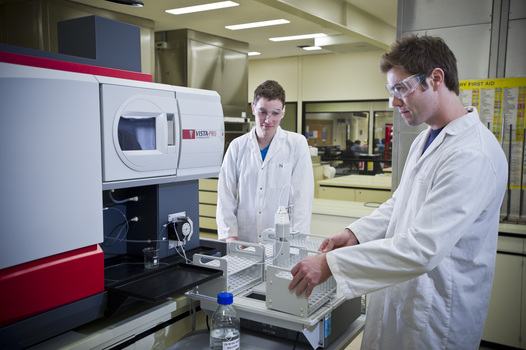 Two male students in a science laboratory at Federation University Gippsland Campus