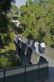 Students walking across a brid