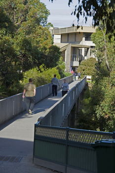 Students walking across a bridge