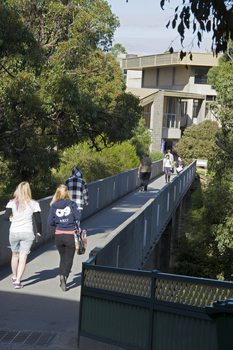 Students walking across a bridge